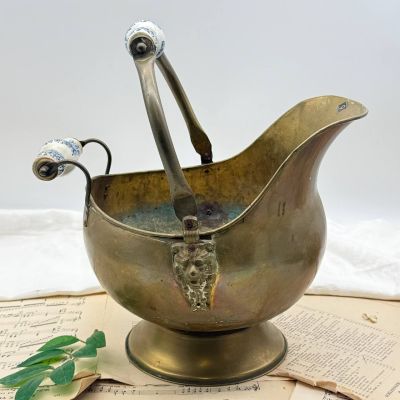 Зольник медный со львами и керамическими ручками 30 см