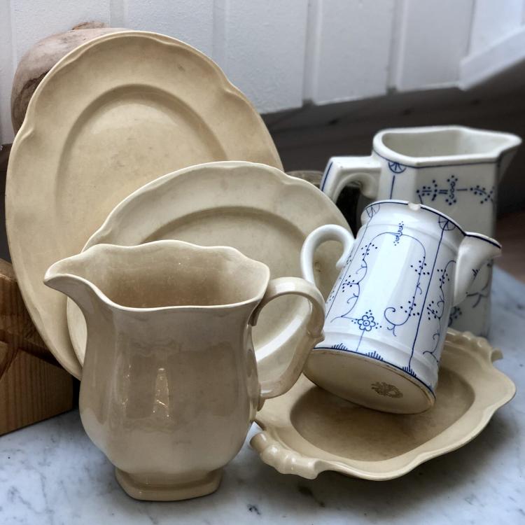 Керамический набор из кувшина и трех блюд, антиквариат, 100 лет, Швеция 
