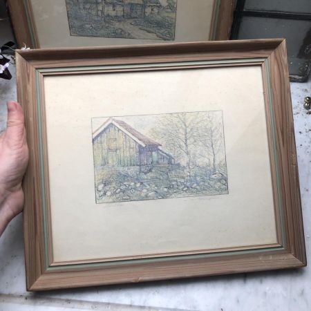 Картина 34х29 см Деревенский дом карандаш в деревянной раме под стеклом