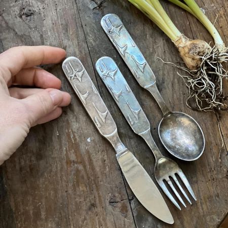 Ложка вилка нож детские набор мельхиор патина