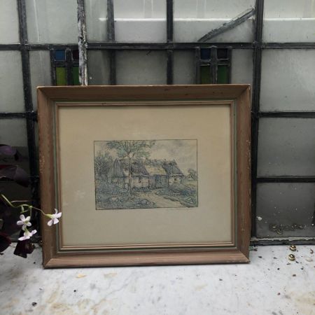 Картина 34х29 см Деревня карандаш в деревянной раме (разбито стекло)