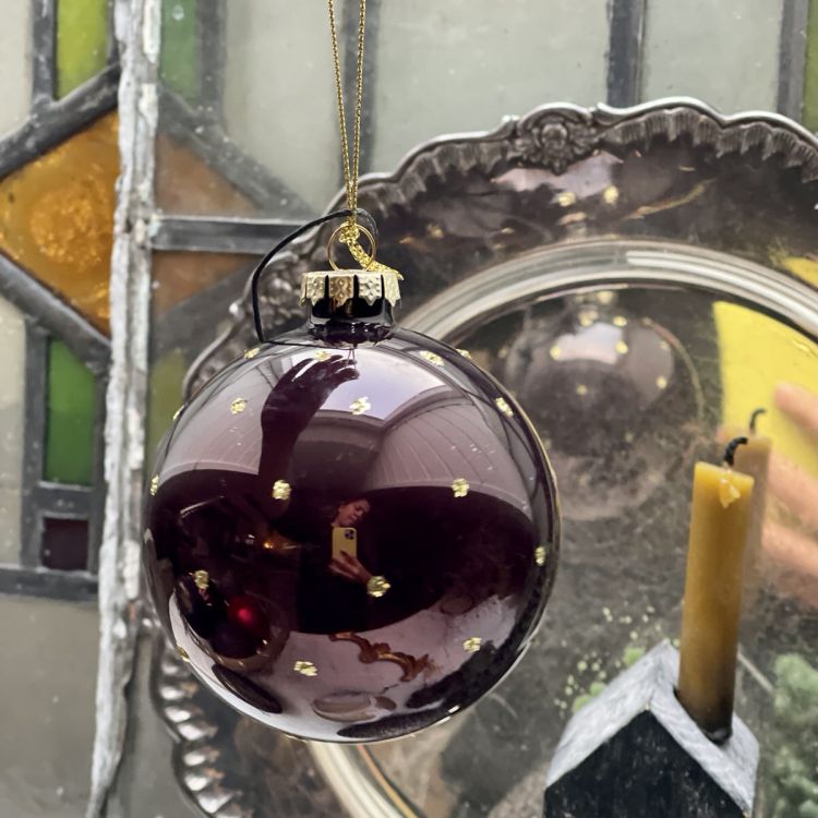 Шар елочный 8 см бордо с золотыми крапинками стекло