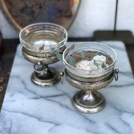 Бонбоньерка икорница мельхиоровая со стеклянной чашей