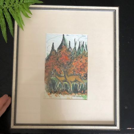 Картина пастель карандаш 25х21 см Олени в лесу