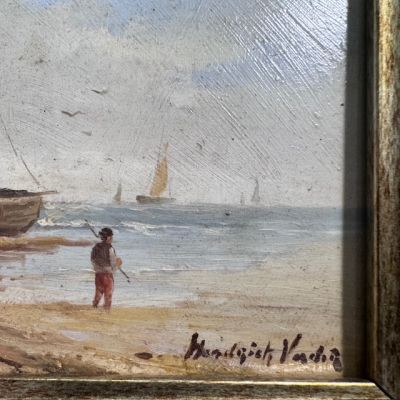 Картина Рыбацкие лодки 27х32 см масло в деревянной раме