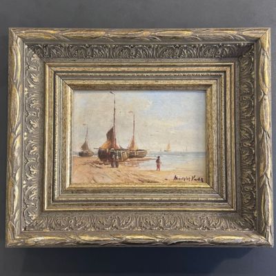 Картина Рыбацкие лодки 27х32 см масло в деревянной раме