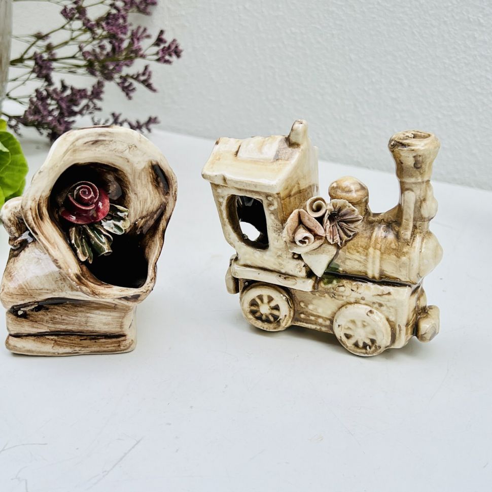 Статуэтка Паровоз с цветами 9 см керамика