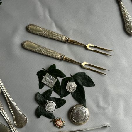 Вилка двузубец 18 см ручка серебро вилы золочение Франция Ампир