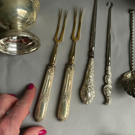 Вилка двузубец 18 см ручка серебро вилы золочение Франция Ампир
