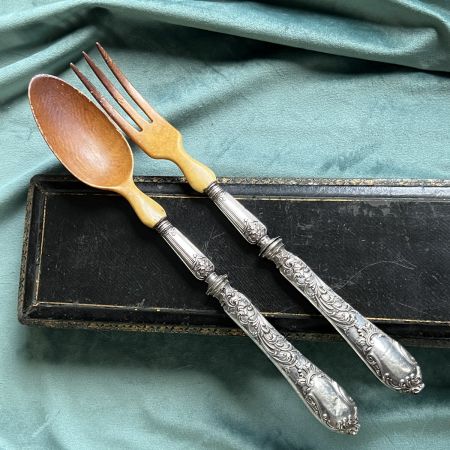 Ложка и вилка сервировочные кость серебро Франция